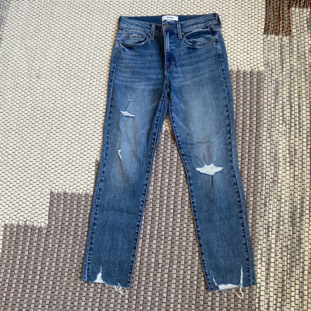 NWOT Pistola High Rise Distressed Raw Hem Denim Straight leg Jeans Size 27